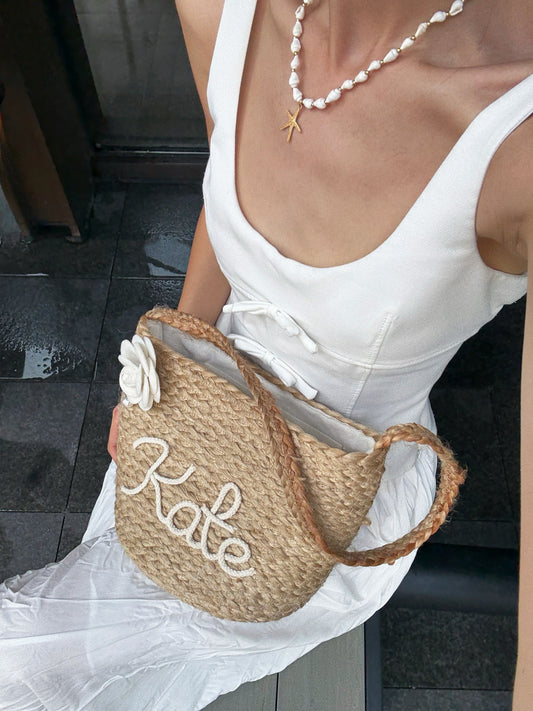 Camellia Petite Personalized Straw Tote Bag