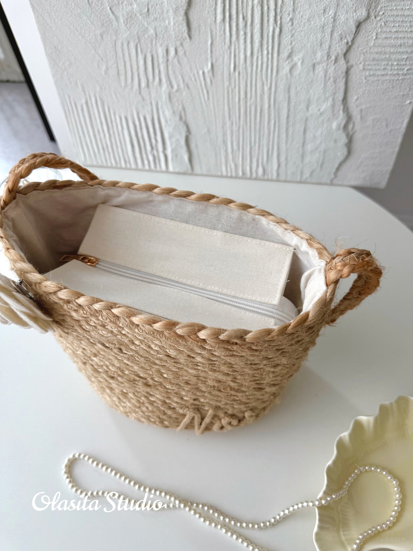 Camellia Petite Personalized Straw Tote Bag