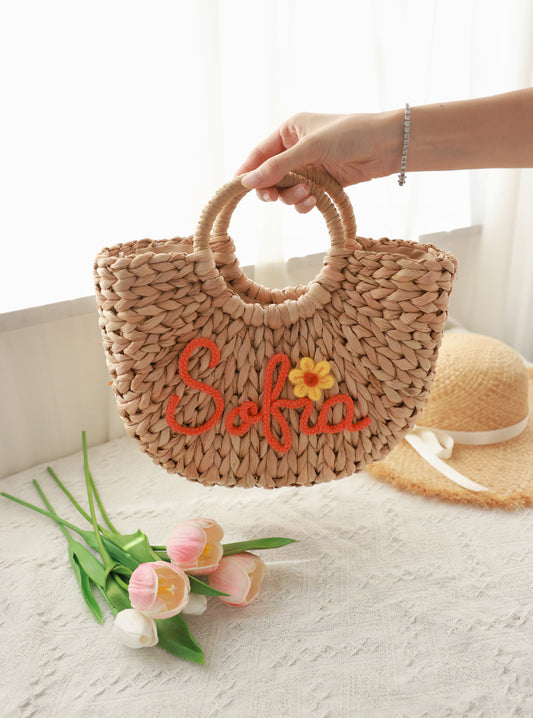 Moon-Shaped Personalized Straw Bag Handwoven Tote