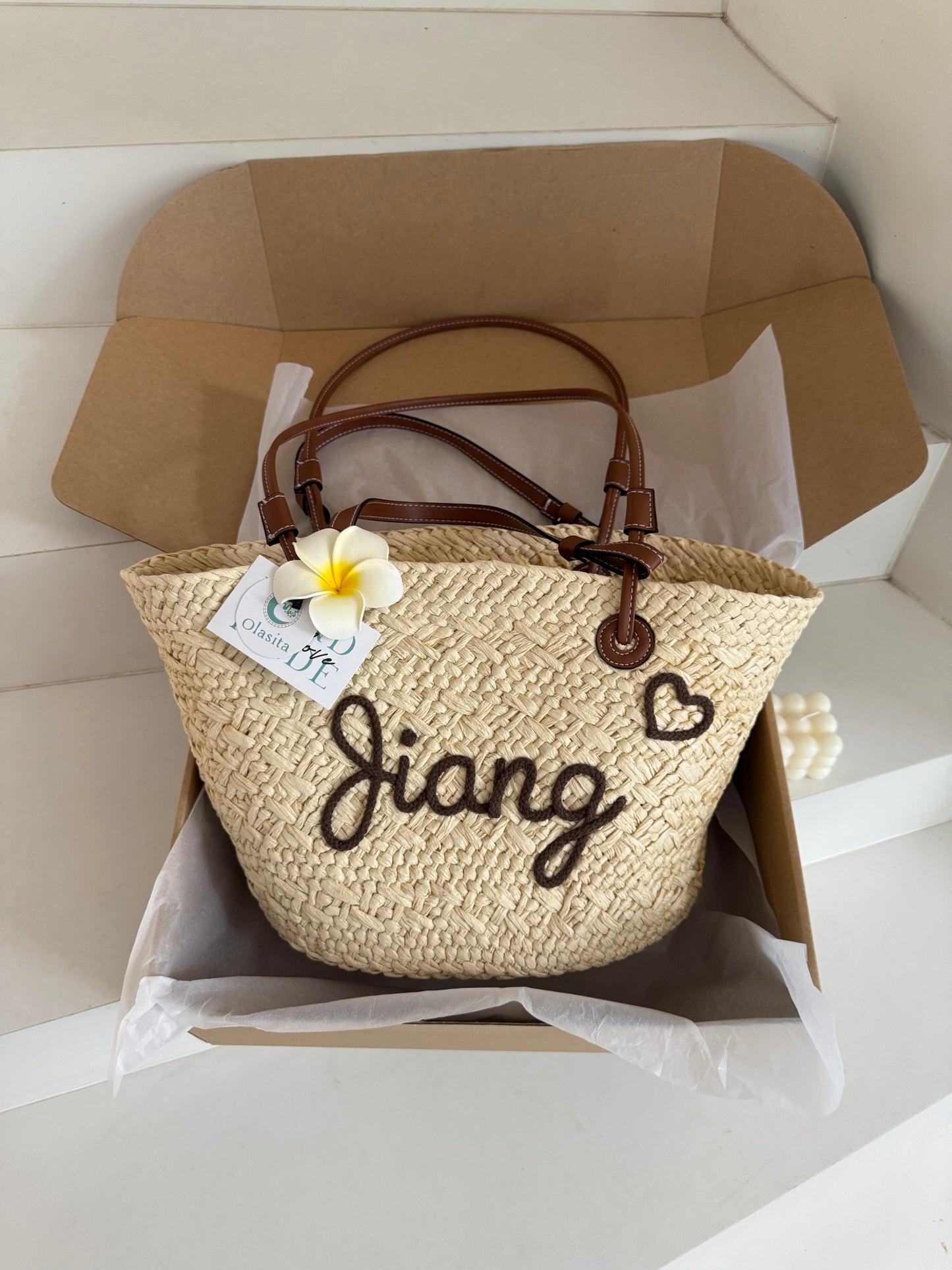 Caramel Personalized Straw Tote Bag