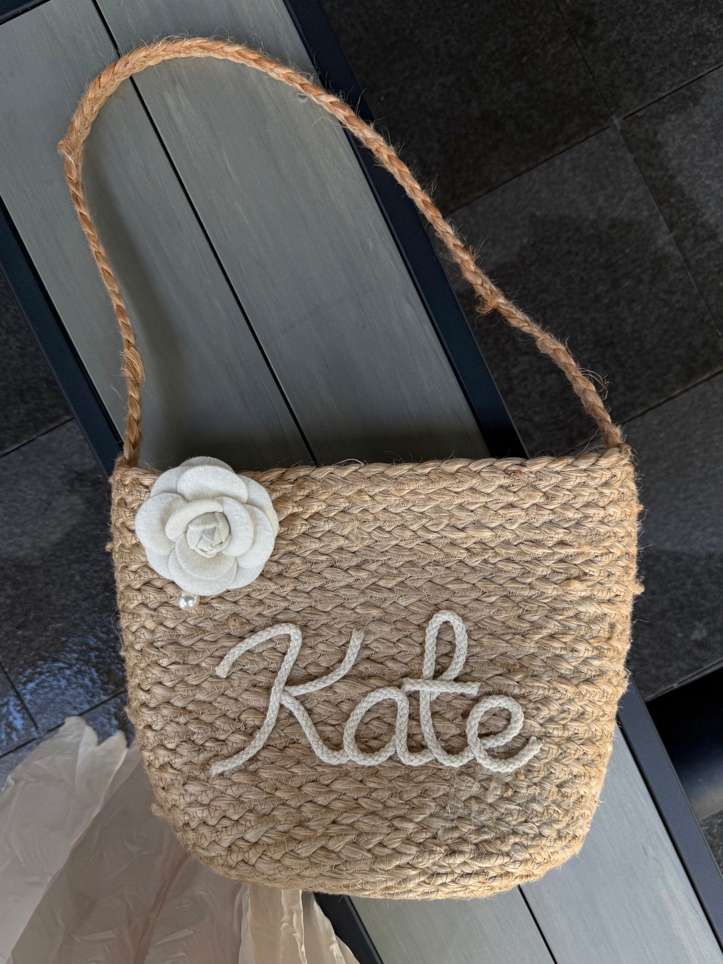 Camellia Petite Personalized Straw Tote Bag