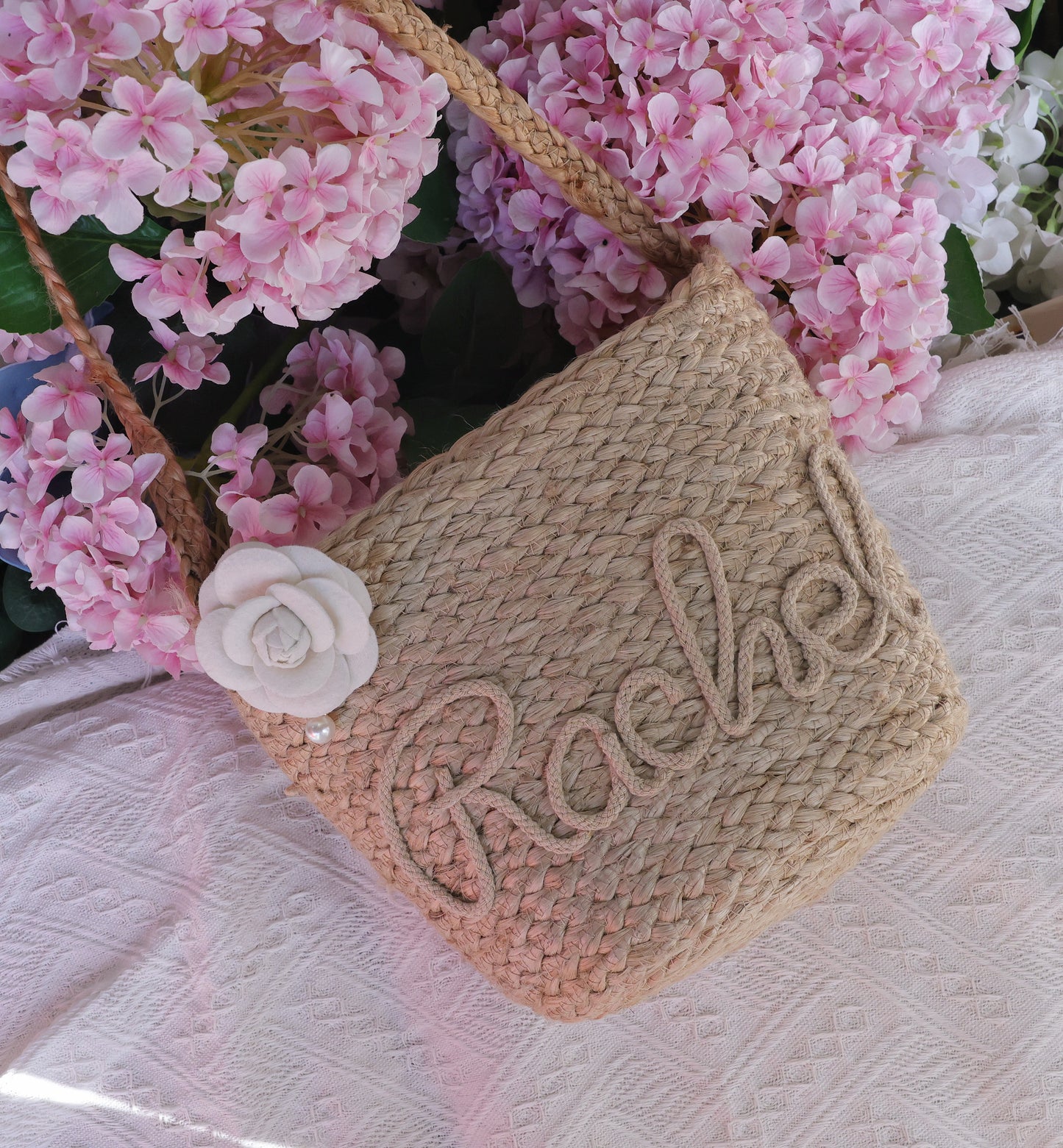 Camellia Petite Personalized Straw Tote Bag