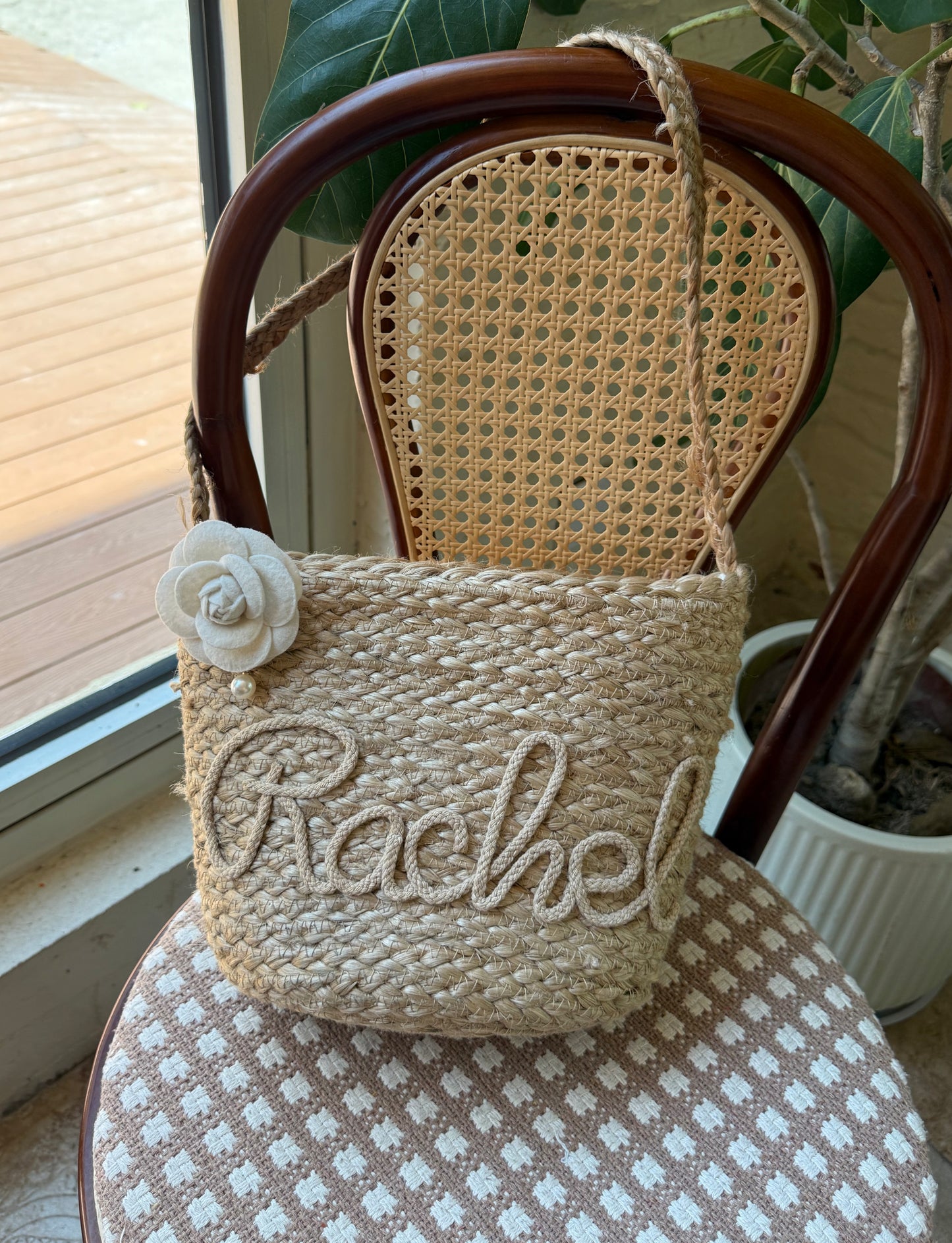 Camellia Petite Personalized Straw Tote Bag