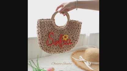 Moon-Shaped Personalized Straw Bag Handwoven Tote