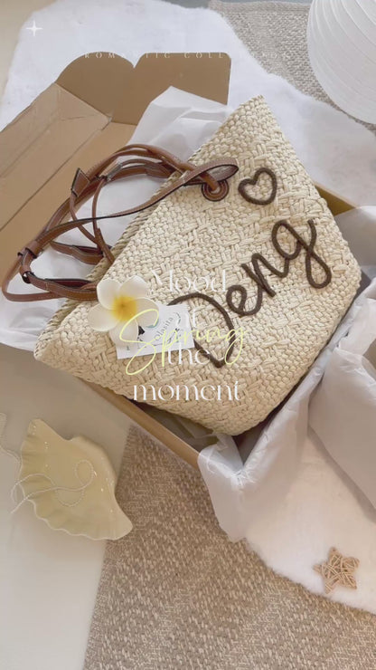 Caramel Personalized Straw Tote Bag