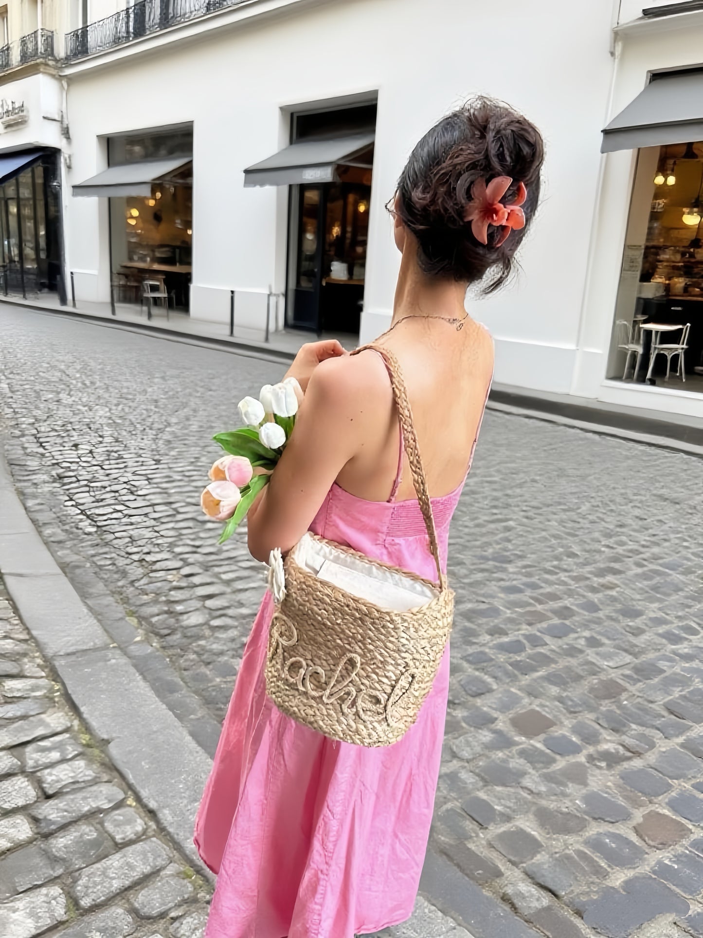 Camellia Petite Personalized Straw Tote Bag